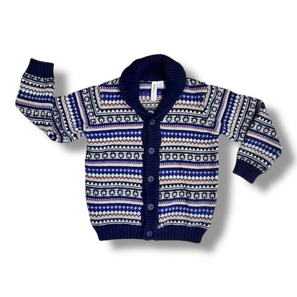 Janie and Jack Boys Cardigan Sweater 4 Blue Fair Isle Shawl Collar Knit Winter - Picture 1 of 6